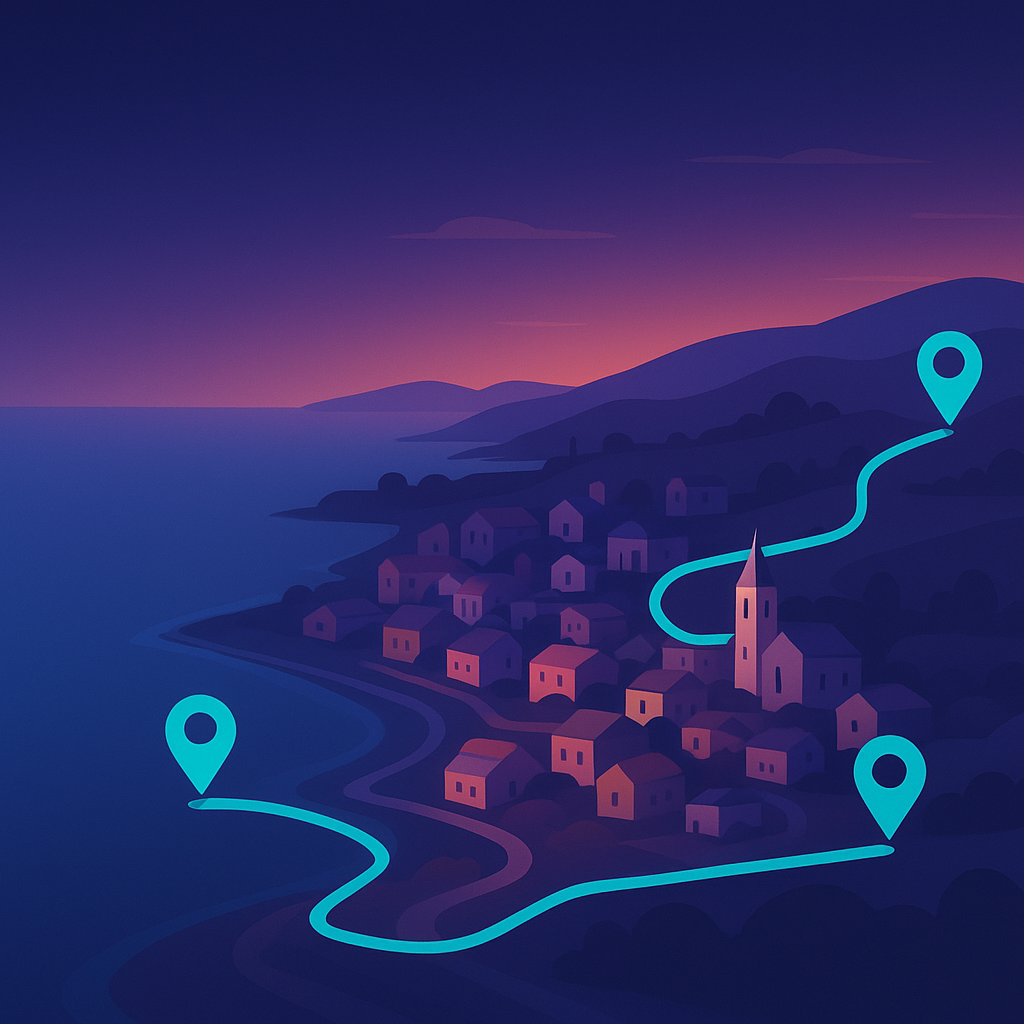 A coastal town map with layered route highlights