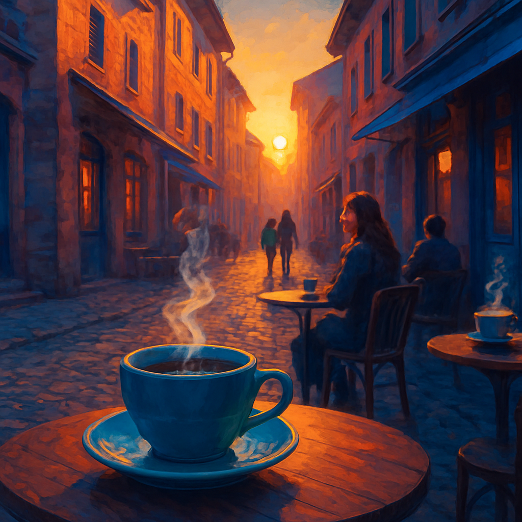 Cobblestone street cafe at golden hour