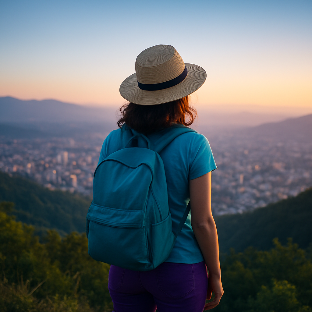 Traveler pausing at a viewpoint with city below